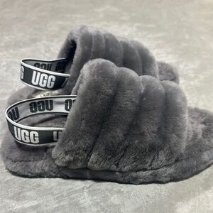 UGG Charcoal Plush Slides with Logo Straps